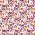 Rainbow and floral Happy Birthday gift wrapping paper on pink and purple background - Birthday Rainbow
