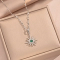 Elegant sunburst star necklace with green gem and white diamonds in a premium jewelry box - Silver Green Stone (471)