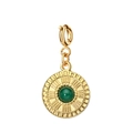 Detailed view of a gold sunburst pendant featuring a center-set green gemstone and bail - Round Clasp Green Stone Pendant