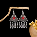 Bohemian vintage silver earrings featuring a round red stone inlay and leaf tassel pendants - Antique Silver + Red + Leaf Tassel (E5774-28)