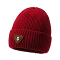 Berretto in maglia rossa a coste con stemma in pelle marrone per l'inverno - Taglia unica / Rosso