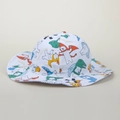White kids bucket hat featuring colorful cartoon dinosaur and bear prints for sun protection - 1-6 Years / Bear No.1