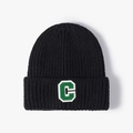 Black ribbed beanie featuring a green and white letter C patch for winter outdoor warmth - One Size / Black (22B010)