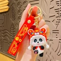 Cute panda keychain with red tiger hat and fortune silicone strap for backpack - Red Tiger Hat Style