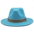 Detailed view of the turquoise wool fedora featuring a tricolor braided ethnic band - Lake Blue