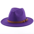Classic purple wool felt fedora hat featuring a brown leather decorative belt strap - Purple