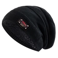 Detail of black knit beanie featuring warm grey faux fur lining and fashion leather patch - L(58-62cm) / Black