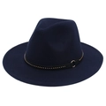 Detail view of navy blue wool fedora featuring a studded black leather band and metal ring - M (56-58cm) / Navy Blue