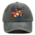 Close-up of intricate Rubik's Cube embroidery on a distressed grey washed baseball cap - Green / Adjustable