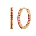 Detail showing gold huggie hoop earrings with micro-pave red cubic zirconia stones - Gold Plated + Red Zircon