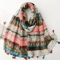 Sciarpa bohémien in filato di Bali con stampa floreale e nappe in stile etnico - Stile Stampa Etnica Rétro Con Nappine (SL2504-005)