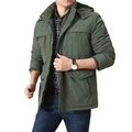 Men's outdoor army green hooded parka jacket with fleece lining and rough stock embroidery - L / Army Green