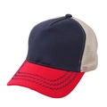 Detail of multi-color mesh truck cap showing wavy stitching and breathable back panels - Adjustable / Red & Navy