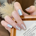 Close-up of square press-on nails featuring hazy blue color with star and dot patterns - By2325袅袅亭亭 / Glue Type