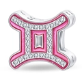 Macro detail of a silver Gemini charm with pink enamel and sparkling zircon accents - Pink Gemini Bead