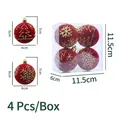 Set of 4 red flocked Christmas ball ornaments with gold glitter tree and snowflake patterns - 4 Pcs/Box / Burgundy
