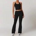Two-piece black yoga set with halter neck crop top and high waist flared leggings - S / Premium Black (Top+Flared Pants)