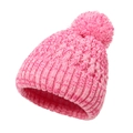 Detailed close-up of pink knit hat featuring thick texture and large matching pom-pom - Pink