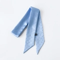 Detail eines hellblauen Satin-Halstuchs mit silbernen Metallpunkten und dem Waschetikett - Himmelblau