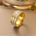 Luxurious gold titanium ring featuring double rows of square-cut zircon diamonds - Gold Double Row