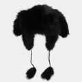 Warm black faux fur trapper hat with cute rabbit ears and plush pom-poms for winter - One Size / Black