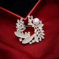 Elegant gold wreath brooch with clear crystals and a large pearl on red silk - Style 39-7 Garland Leaf (4.5*4cm/12.8g)
