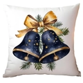 Close-up of vintage watercolor Christmas bells and golden bow print on white cushion cover - Christmas Bells CRD10-23