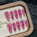 Sparkly dragon fruit pink handmade press-on nails with luxury rhinestones on almond shape - Extra Small (XS) / 2026-Long Teardrop