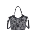 Fashionable bucket bag with black and white floral pattern and adjustable strap - Black