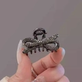 Close-up of small bow hair claw clip in gunmetal finish with sparkling rhinestones - 14# Black Bowknot Hair Clip (Approx. 4CM)