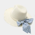 Chic beige raffia sun hat for women with pearl trim and blue floral bow ribbon detailing - Off White / M (56-58cm)