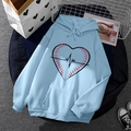 Light blue fleece hoodie with heart baseball print and front pocket on dark rug - S / Tops / Light Blue