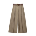 Dames satijnen wijde broek in koffiebruin, hoge taille met een riem en gouden gesp voor zomer - XS / Alleen Broek (Grijs)