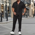 Detail of men's black waffle textured short sleeve shirt and long pants summer set - S / Black