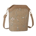 Secchiello in paglia kaki con ricamo floreale e tracolla in pelle PU marrone scuro - Cachi