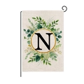 Polyester garden flag with initial N and eucalyptus leaves in a golden ring design - Letter N