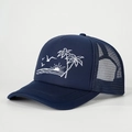 Close-up of navy blue trucker hat featuring white embroidered tropical palm tree design - Navy Blue