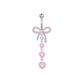 Silver belly button ring featuring pink crystal bow and sparkling dangling gems - Pink Bowknot