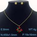 Golden titanium steel jewelry set featuring red-green flower pendant and leaf earrings - Green And Red (KS201527-GG)