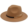 Camel wide brim wool fedora with black ribbon and gold leaf metal accessory for men and women - M(56-58cm) / Camel (Golden Leaf)