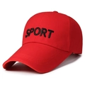Red cotton baseball cap featuring black 3D Sport embroidery and long curved brim - Sport Logo Red
