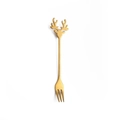 Golden stainless steel dessert fork with festive elk horn design on white background - 410 Stainless Steel Elk Fork / Gold
