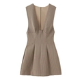 Brown striped sleeveless V-neck A-line mini dress with back zipper and crisp texture - XS / Khaki