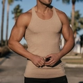 Men's slim fit khaki ribbed tank top for summer sports and casual fitness wear - Khaki