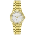 Detailed macro view of the gold quartz watch face featuring a sparkling crystal-encrusted bezel - Gold Color White