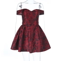 Detail of red and black floral jacquard fabric on an off-shoulder mini dress - S / Burgundy
