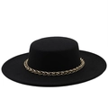Flat top black wool boater hat with a gold metal chain band and wide brim design - M (56-58cm) / 01 Black