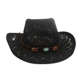 Black hollow weave straw cowboy hat with turquoise buckle and leather band - Wood Beads & Turquoise Decor / Black