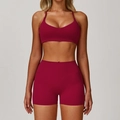Set yoga bordeaux da donna con reggiseno sportivo scollo a V e pantaloncini a vita alta - Taglia S / Top E Pantaloni / Rosso Lampone