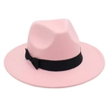 Close-up of pink wool fedora hat with elegant black ribbon bow and textured finish - One Size / Pink